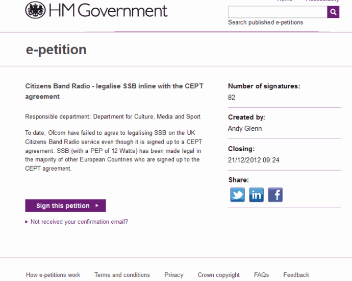 E-petition Citizens Band Radio to legalise SSB inline with the CEPT agreement