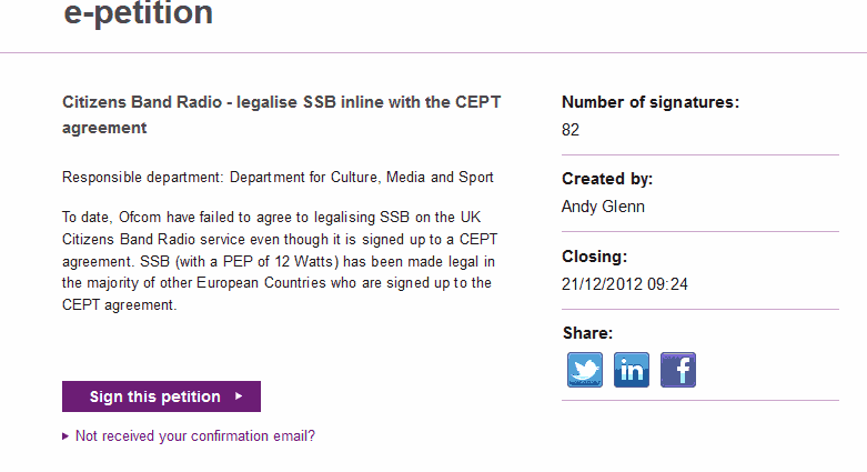 E-petition Citizens Band Radio to legalise SSB inline with the CEPT agreement