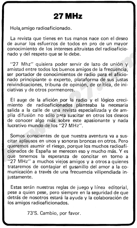 Editorial del nº 1 de la revista 27 MHz