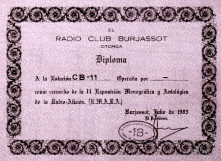 Diploma emitido por el Radioclub Burjassot en 1989.