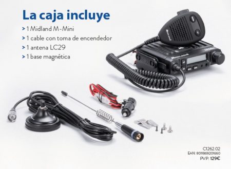 Elementos del kit: emisora, toma de mechero, antena con base magnética y cable de antena.