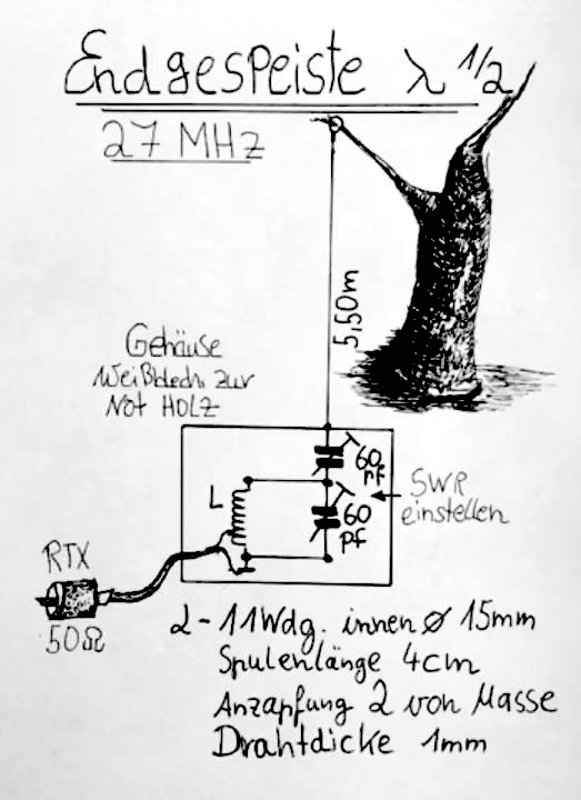 Esquema original de esta antena de media onda para CB alimentada por el extremo. Antena de media onda para CB alimentada por el extremo